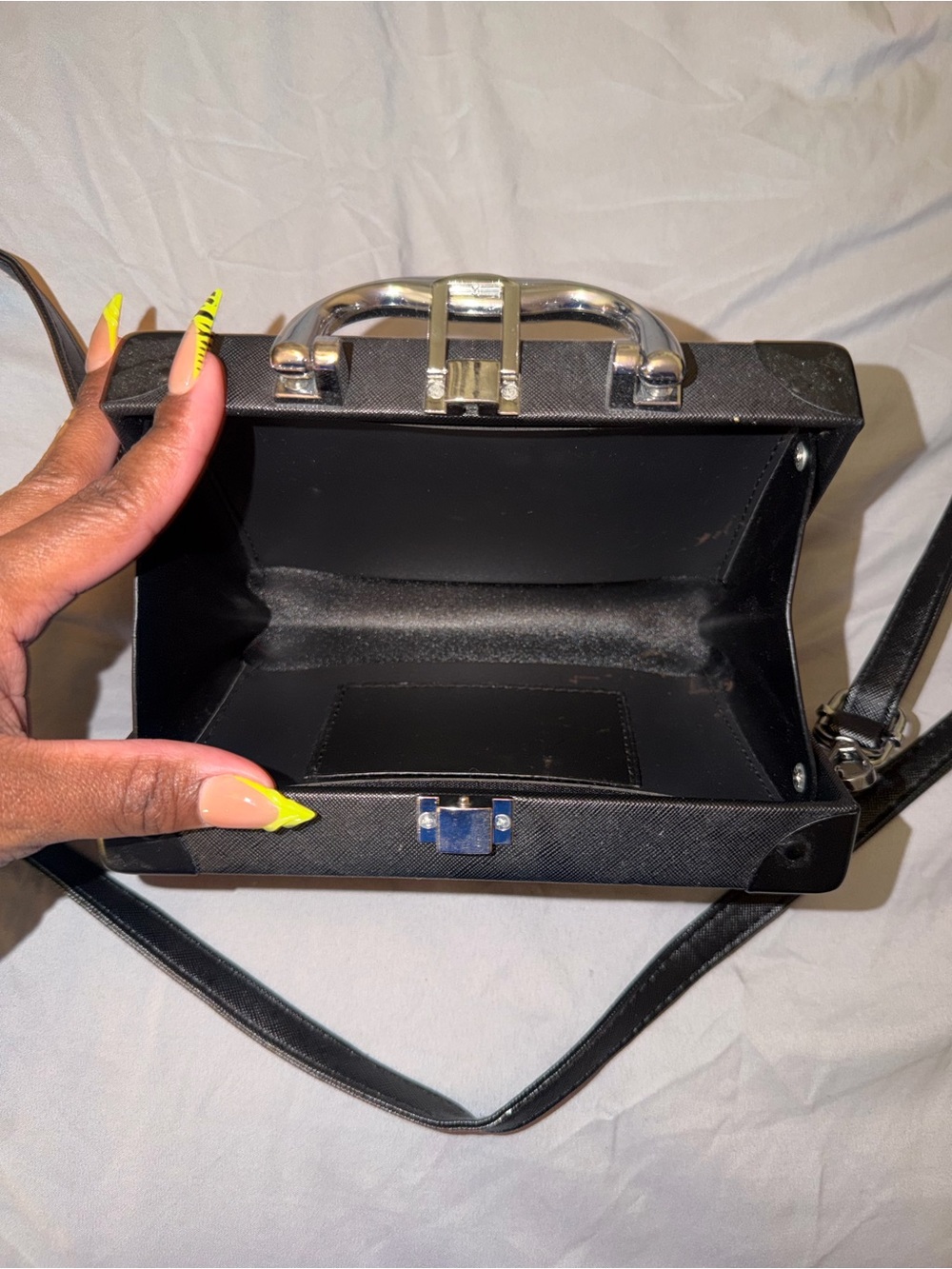 Structured Black Mini Crossbody Bag with Silver Accents